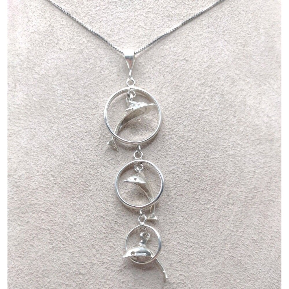 Sterling Silver Box Chain 18" Necklace NC Jumping Dolphins Pendant 6.4g 0.8mm